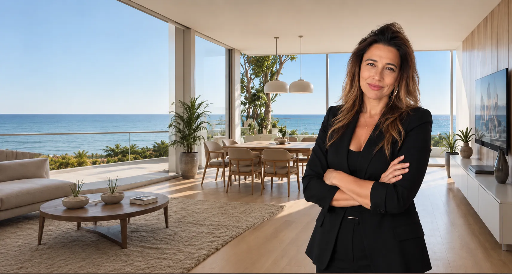 Yasmina Martínez en el living de una propiedad con vista al mar